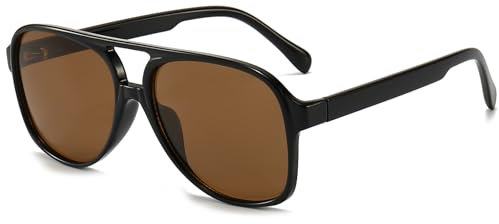 Long Keeper Retro 70s Polarised Pilot Sunglasses for Women Men Oversized Double Bridge Aviation Sunglasses Large Frame Vintage Shades UV400 Protection (Black Frame Brown Lens)