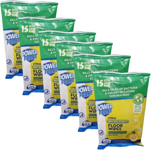 AIdi-POWERFORCE - 15 Extra Large Citrus Anti-bacterial Floor Wipes | Biodegradeable | Non Bleach [SIX PACK]