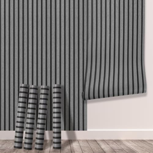 Tarwanear Wood Effect Wallpaper Wood Slat Wallpaper 4 Rolls(20.12m²) Dark Grey Wooden Slat Effect Wall Paper Natural Wooden Slatted Roll for Living Room Bedroom Office Front Desk Feature Wall