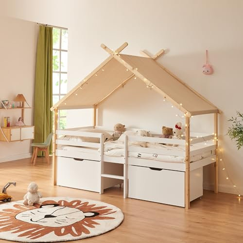 [en.casa] Hausbett Surnadal 90 x 200 cm Kinderbett mit Rausfallschutz Abnehmbarer Dach aus Stoff 2X Bettkasten Kleinkindbett Lattenrost Kiefernholz Weiß/Natur