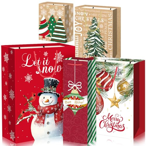 DECHISY 5 Pack Christmas Bags Assorted Sizes, Includes Christmas Wine Gift Bags with Sturdy Handles for Party Holiday Decoration, Festive Xmas Designs