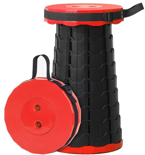 AURIVEE Sgabello Pieghevole Telescopico Portatile con Cuscino, per Camping, Pesca, Escursionismo, BBQ, Leggero, Portata 200kg (Nero+Rosso)