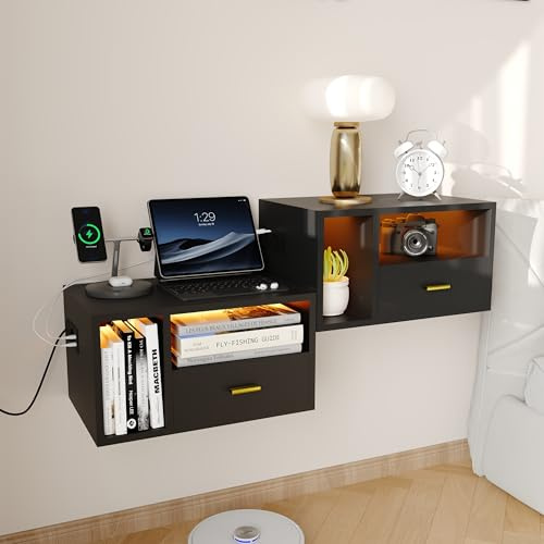 Nachttisch Hängend 2er set mit 1AC-Steckdose/2 USB-Anschlüsse & RGB LED-Beleuchtung,Nachtkästchen Schwebend mit 1Schublade & 1 Offenen Ablagen,46.5x30x25.5cm,Stilvoll für Schlaf & Wohnzimmer(Schwarz)