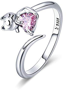 925 Sterling Silber Katzen-Ringe mit rosa Zirkonia, verstellbar, für Damen