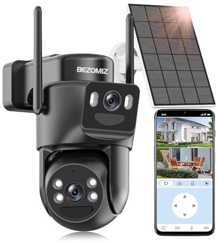 BEZOMIZ 4K Caméra Surveillance WiFi Extérieure à Double Objectif,2.4G/5GHz Caméra 2-in-1,Détection Humaine avec Panneau Solaire,Suivi Automatique,Vision Nocturne Couleur,Étanche