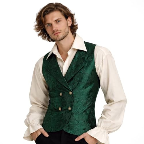 RAWBLADE Harker Vest Herrenweste Schwarz Jacquard-Muster Zweireihig, Mittelalter Weste mit Metallknöpfen, Gothic Steampunk Kostüm Herren für LARP Cosplay & Reenactment