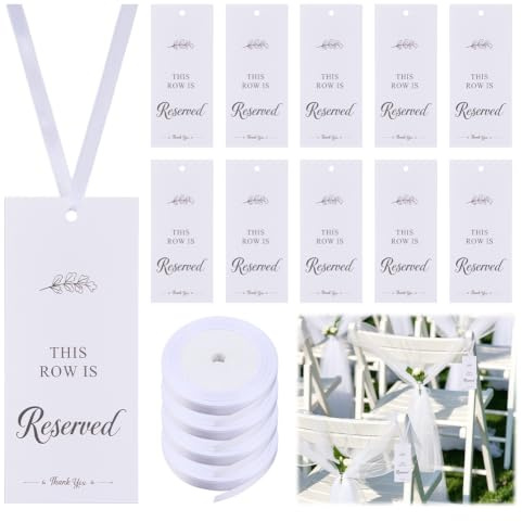 SUPERFINDINGS 60 Stück Reserviert Schild Sitzplatz Karten Mit 4 Rollen 20m/65.6ft Weiß Straps Hochzeit Stuhl Anhänger Zeichen Sitz Platz Schild Mit Strap Für Hochzeit Wichtige Kirche Kirchenbänke