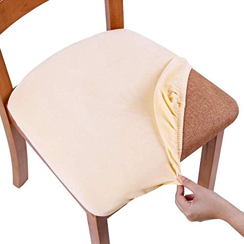 smiry Stretch Chair Seat Covers for Dining Room, Velvet Dining Chair Seat Protectors Chair Slipcovers, Set of 6, Cream