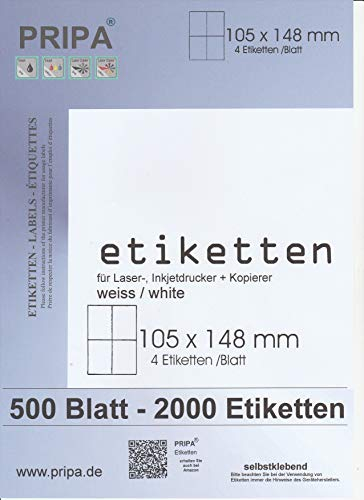 pripa Etikettenformat 105 x 148 mm, 500 Blatt Großpackung DIN A4 selbstklebende Etiketten. 4 Etiketten pro Bogen (500)