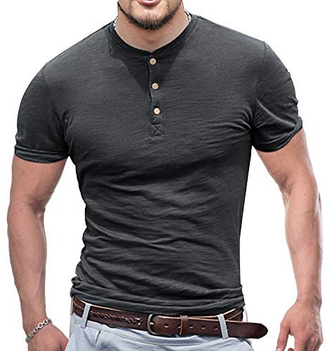 Mens Regular-fit Henley T-Shirt Short-Sleeve with 3 Buttons Placket Slub Vintage Cotton Color Dark Grey Size L