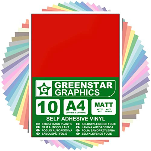 GREENSTAR GRAPHICS MATT A4 STICKY BACK PLASTIC SELF ADHESIVE ART & CRAFT VINYL (10 SHEET PACK). Compatible With 12” Cricut, Silhouette Cameo/Curio/Portrait, Scan N Cut (RED MATT 10 A4)