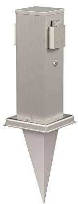 ledscom.de Garten-Steckdosen-Säule Polly mit Dämmerungssensor und Erdspieß für außen, 2-Fach, Edelstahl, eckig, 27cm