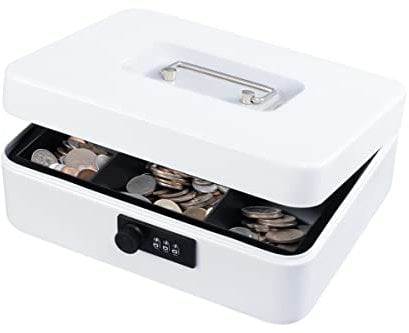 KYODOLED Large Cash Box with Combination Lock,Safe Metal Box for Money, Storage Lock Box with Money Tray,9.84x 7.87x 3.54 White Large