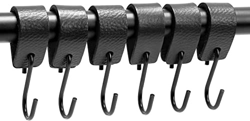Brute Strength – Ganchos multiuso de cuero – Negro – 6 unidades | Ganchos con trabilla de cuero y acero inoxidable para mochilas, ropa, ollas, tazas, toallas y herramientas
