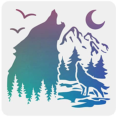 FINGERINSPIRE Wolf Schablonen Dekoration Schablone 30x30cm Kunststoff Wald Berg Mond Malerei Schablonen Quadratisch Wiederverwendbare Schablonen für erstellen DIY Wolf Handwerk und Dekor