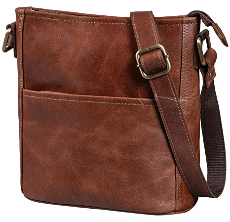 LEABAGS Leder Handtasche Damen I Premium Echtleder Umhängetasche I Damen Schultertasche I Damentasche I Tragetasche für Arbeit Uni Schule Freizeit I Größe L (31 x 23 x 6 cm) I Vintage Cognac
