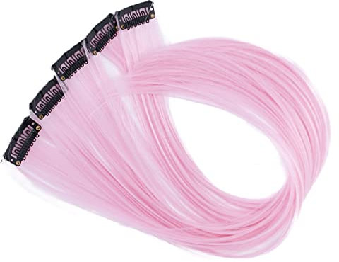 CAISHA 5 Teile Set 60cm Bunte Strähne Strähnchen Clip in Extension Haarverlängerung Glatt Langhaar Haarteil Babyrosa BST126