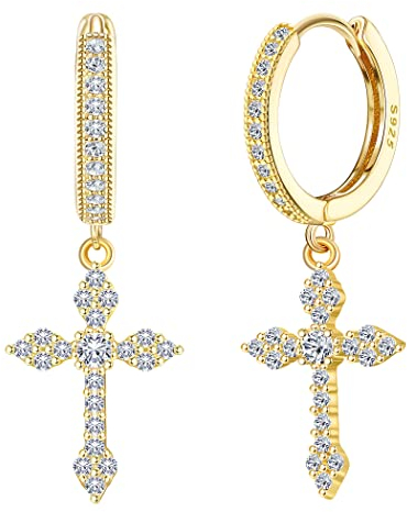 KRFY Kreuz Ohrringe Gold 925 Sterling Silber für Damen Herren Zierlich Klein Huggie Ohrringe Creolen mit Kreuz Leichtgewicht Hypoallergen 18K Vergoldet Hängend Creolen Gold