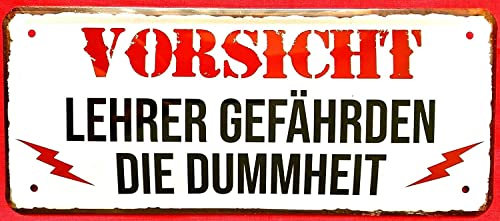 DekoDrom® Blechschild 28x12 Warnung Hinweis: Funny Spruch Vorsicht Lehrer gefährden die Dummheit Schule Schüler Klassenzimmer Internat Berufsschule Ausbildung 002