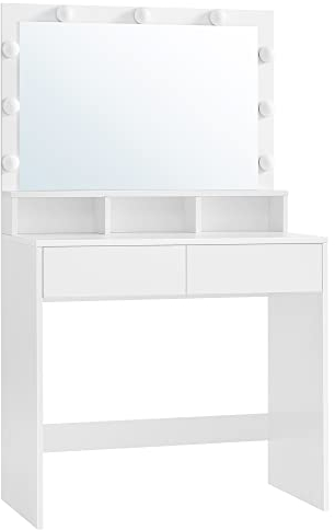 VASAGLE Dressing Vanity with Large Mirror, LED Lights, 2 Drawers, 3 Compartments, Modern Makeup Table, White