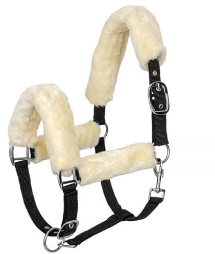 Start Pferdehalfter mit Kunstfell – Verstellbares Halfter + Führstrick mit Karabiner – Cob, Vollblut & Pony – Weiches Fell für höchsten Komfort (Schwarz, Pony)