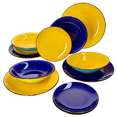 MamboCat Uni Duo Malaga 12tlg. Teller Set I 4 Personen I marineblau-lemongrün & gelb-mintgrün I Speiseteller, Suppenteller & Frühstücksteller I buntes & farbenfrohes Steingut-Geschirr