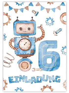 Minkocards 12 Einladungskarten zum 6. Kindergeburtstag Junge Roboter Einladungen zum sechsten Geburtstag Kinder bunte Geburtstagseinladungen