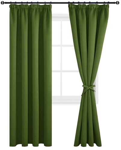 DWCN Blackout Curtains for Bedroom Thermal Insulated Room Darkening Pencil Pleat Window Curtains for Living Room 90 x 90 inch Length, Green, 2 Panels