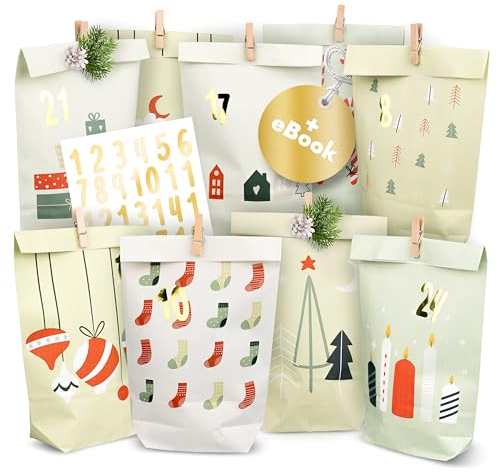 AMARI ® Adventskalender zum Befüllen - 24 Papier Adventstüten (mit Holzklammern) zum Basteln für Weihnachten - Papier Weihnachtstüten mit Zahlenaufkleber