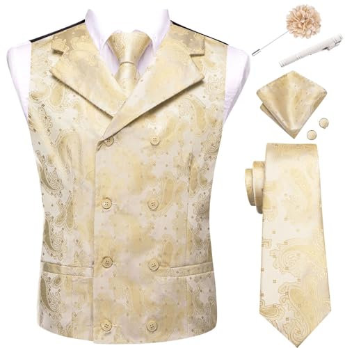 Hi-Tie Herren Zweireihiges Anzugweste, Krawatten-Set, klassische Weste und Krawatte, Taschentuch, Manschettenknöpfe, Anzug, Hochzeit, Party, Champagner, XXX-Large
