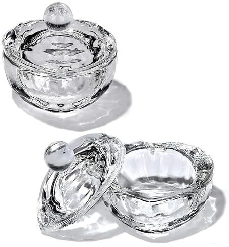 ProTech 2 x Professional Glass Crystal Acrylic Liquid Holder Dish, Dappen Dish Glass Cup with Lid Bowl for Acrylic Powder Monomer Nail Tool, For Mixing Eyebrow Tint, Manicure Tool