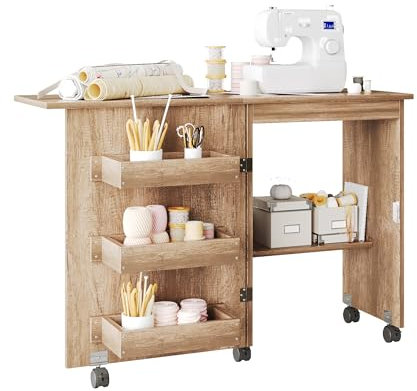 Flrrtenv Faltbarer Nähtisch Mehrzweck-Bastelstation & Beistelltisch mit kompaktem Design, Rädern, Regalen, Behältern, Heringen, magnetischen Türen, Metall-Türknäufen – Natur
