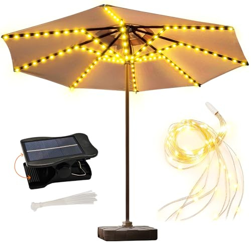 ZNYCYE Solar Umbrella Lights, 8 Strands Patio Umbrella Lights Outdoor with 8 Modes 3V Solar Panel Clip 112 Led Outdoor Waterproof for Beach Deck Garden Camping Tents Party Decoration(Warm White)