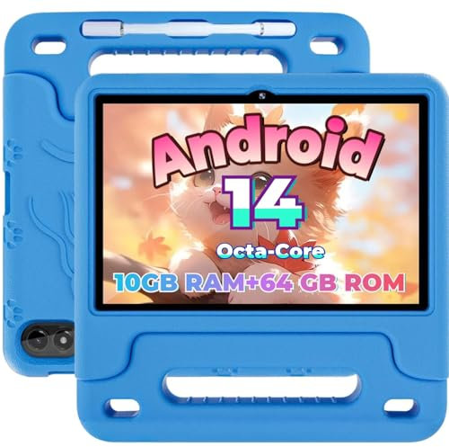 JIKOCXN 2024 NEW Tablet, 10 Inch Tablet for with Case, Parental Control, 10(4+6) GB+64GB, Space, WiFi, BT5.3, FM, GPS, Great Gift for Toddler (Blue)