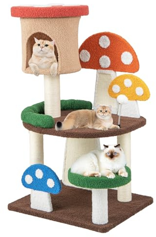 COSTWAY Arbre à Chat Mignon en Forme de Champignon, Tour à Chat 4 en 1 avec Condo et Griffoir en Sisal, Centre d'Activités pour Chaton avec Boule à Ressort, Charge 10 KG Chaque Couche(102 CM)