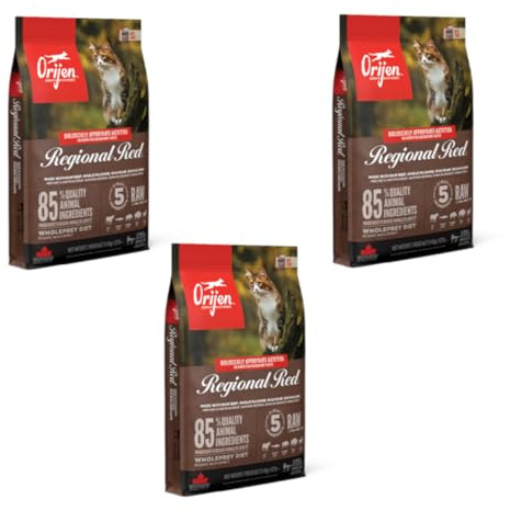 Orijen Cat Regional Red | 3er Pack | 3 x 340 g | Alleinfuttermittel für ausgewachsene Katzen | 85% hochwertige tierische Zutaten | Überzug aus gefriergetrockneter Leber