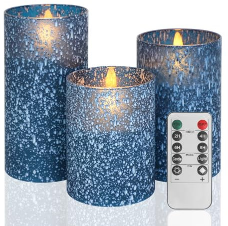 COVEGE Flameless Candles with Remote - Battery Operated Candles with Timer, Flickering Real Wax LED Pillar Christmas Candles for Wedding, Table, Home Decorations (Blue, Set of 3)