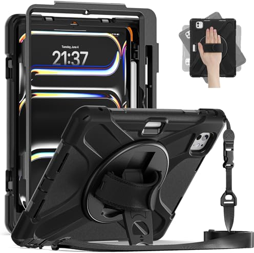 BRAECN para Funda iPad Pro 11 M4 2024 5a Generación, Carcasa Rugosa con Protector de Pantalla, Soporte de Rotación de 360°, Correa de Mano/Hombro, Carcasa Antichoque para iPad Pro 11 M4, Negro