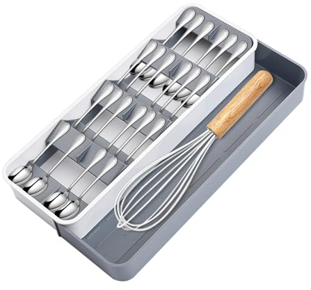 GOEDCH Organizador Cubiertos para Cajon: Blanco/Gris 39 x 22,6 x 5,5 cm Cuberteros para Cajon Cocina, Organizador Cubiertos Extensible, Inserto para Cajón de Cubiertos Organizador para Cubiertos