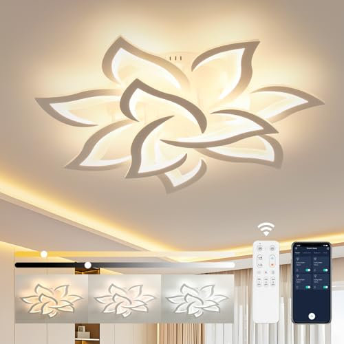 LED Deckenleuchte Wohnzimmer Modern, Deckenlampe LED Dimmbar 3000k-6500k mit Fernbedienung und App Steuerung, Timer-Funktion Deckenlampe Blume für KüCher Wohnzimmer Schlafzimmer (10 KöPfe/ø80cm/32in)