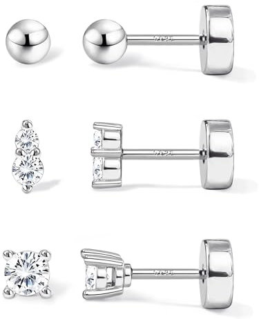 JeweBella 3 Pairs Flat Back Earrings Sterling Silver Earrings for Women 14K Gold Plated Stud Earrings Stack Dainty Small Cubic Zirconia Ball Heart Flat Back Studs Gold/Silver