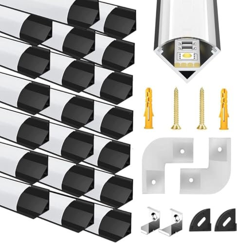 20Pcs LED Aluminium Profil Schwarz V Form, 6 Pack Kanal Schwarz Profil Eckprofil mit Milchiger Weißer Abdeckung, Endkappen, Montage Clips und 45 Grad Eckverbindern für LED Streifen Schiene Diffusor