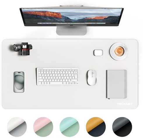 TECKNET Schreibtischunterlage, 80 x 40cm Große Tischschutzpolster, Wasserdichte Laptop Desk Mat, PU Leder Tischunterlage, Abwischbar Doppelseitige Schreibunterlage für Büro/Zuhause (Weiß/Hellgrau)