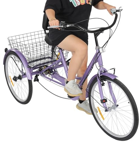OUKANING Dreirad für Erwachsene 24 Zoll 7 Gang - 3 Räder Fahrrad mit Einkaufskorb bis 120kg Belastbar Höhenverstellbar Erwachsene Dreirad Tricycle für Erwachsene und Senioren (Lila)