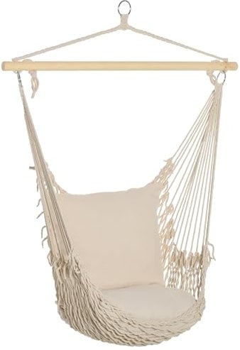 Outsunny Fauteuil Suspendu extérieur et intérieur, Chaise Suspendue Portable avec Coussins, Tissage en Coton, siège Suspendu extérieur, Chaise hamac balançoire, Charge 120 Kg, Blanc