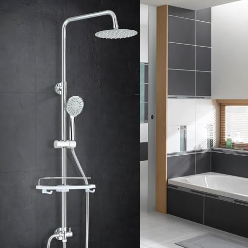 Shower Riser Rail Kit,Chrome Shower Set with 20cm Round Overhead Rainfall Shower,Handheld Shower Head and Shelf,Suitable for Bathroom