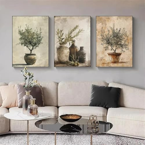 LZJAGXX Mediterraner antiker Olivenzweig, grüne Pflanze, rustikale Küche, elegante Vase, Poster, Leinwandgemälde, Bild, Heimdekoration, 70 x 100 cm x 3, ungerahmt
