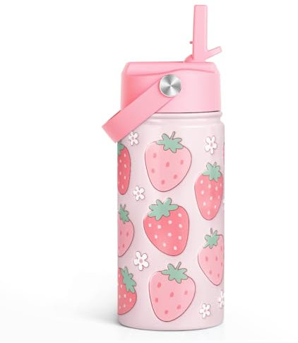 Strawberry Kids Water Bottle with Straw Lid 12oz Insulated Stainless Steel, Travel Tumbler, Gifts for Toddlers, Girls, Birthday, Christmas, Back to School