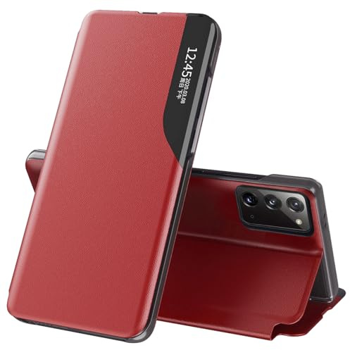 Handyhülle für Samsung Galaxy Note 20 Hülle Clear View Klappbar Leder Flip Cover für Samsung Note 20 Case mit Ständer 360 ​​​​Grad Stoßfest Kratzfest Klapphülle Schutzhülle Galaxy Note 20 5G (Rot)