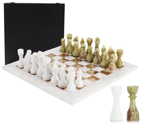 Marble Chess Set for Adults 15 Handmade White & Green Board Game with 32 Chess Pieces, 2 Extra Queens & Storage Box, Luxury Travel Game, Elegant Gift for Home Decor